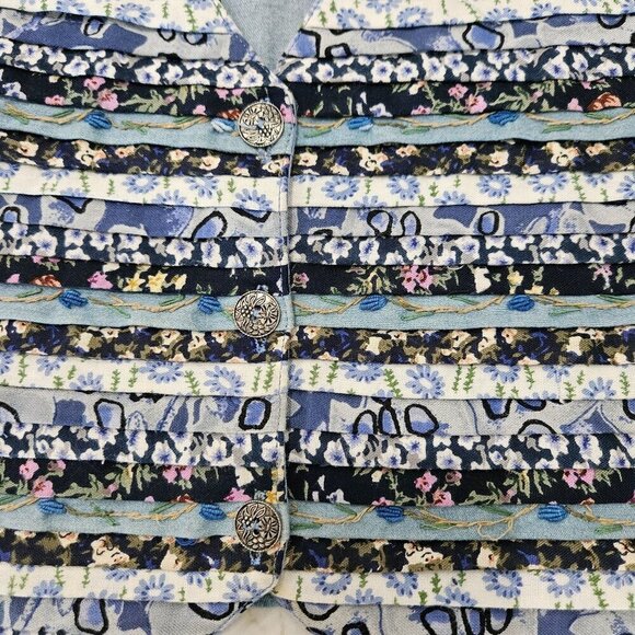 Vintage Boho Cottagecore Large Floral Patchwork Stripes Vest Embroidered Blue - Picture 5 of 9